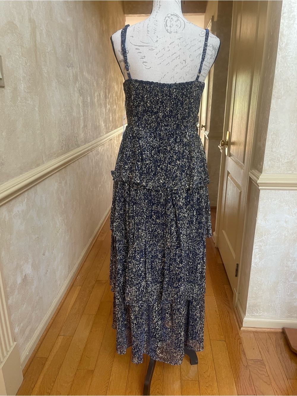 Siena Navy Gold Metallic Tiered Maxi Dress New With Tags Size 14 Shimmer Gown - Picture 4 of 17